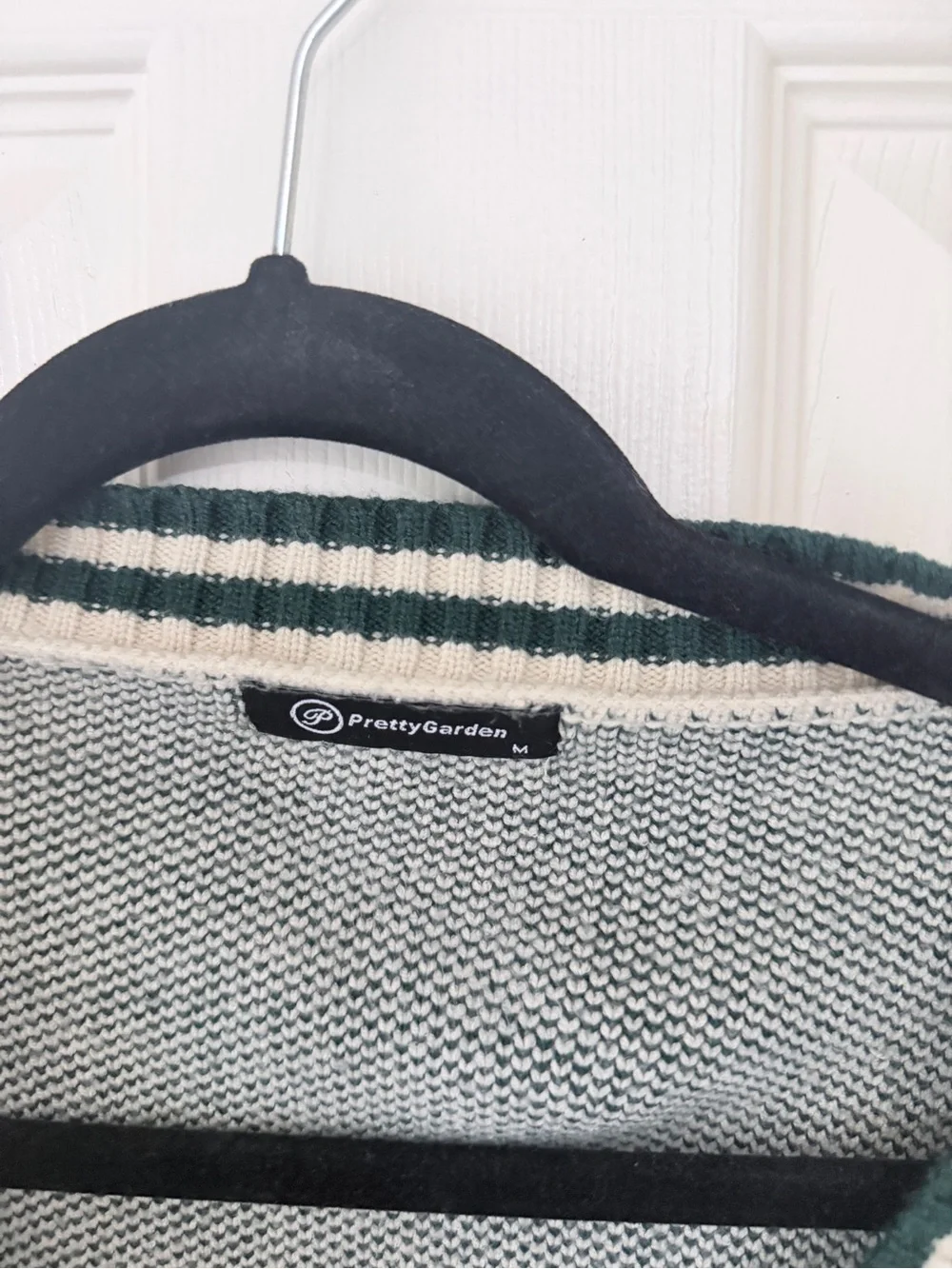 Cream and Dark Green Patterned V-Neck Cardigan Sweater - Picture 3 of 3